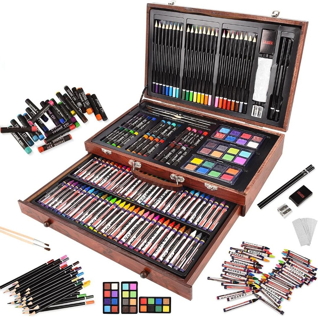 Color More 143 Piece Deluxe Art Set, Art Supplies in Portable Wooden Case- Painting & Drawing Kit with Crayons, Oil Pastels, Colored