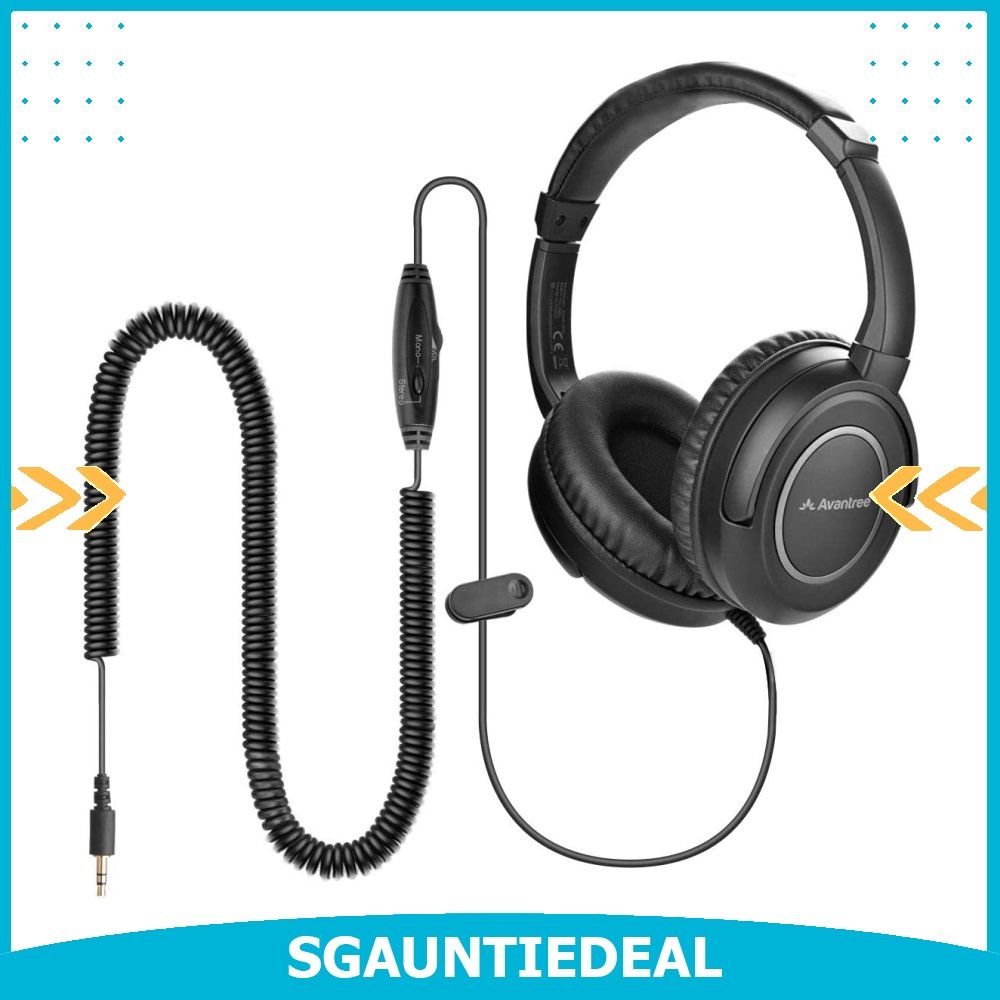 instock Avantree HF039 Long Coiled Cord Headphones For TV and PC With Volume Control 16.4 Feet 5M Extended Range Cable 3.5mm AUX Audio Stereo Sound Spiral Wired Over Ear Headphones Audio