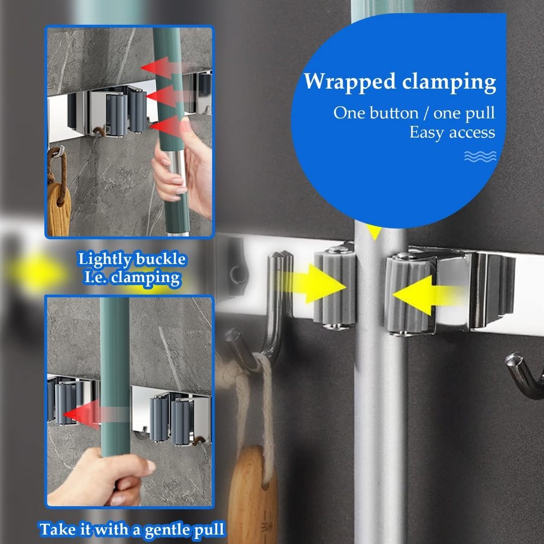 instock BenRan Mop and Broom Holder Wall Mount Self Adhesive Broom Mop Holder Broom Organizer Mop Hanger Rack Wall Mount with 4 Hooks 3 Clamps Shipped by SG local. Furniture Home Living