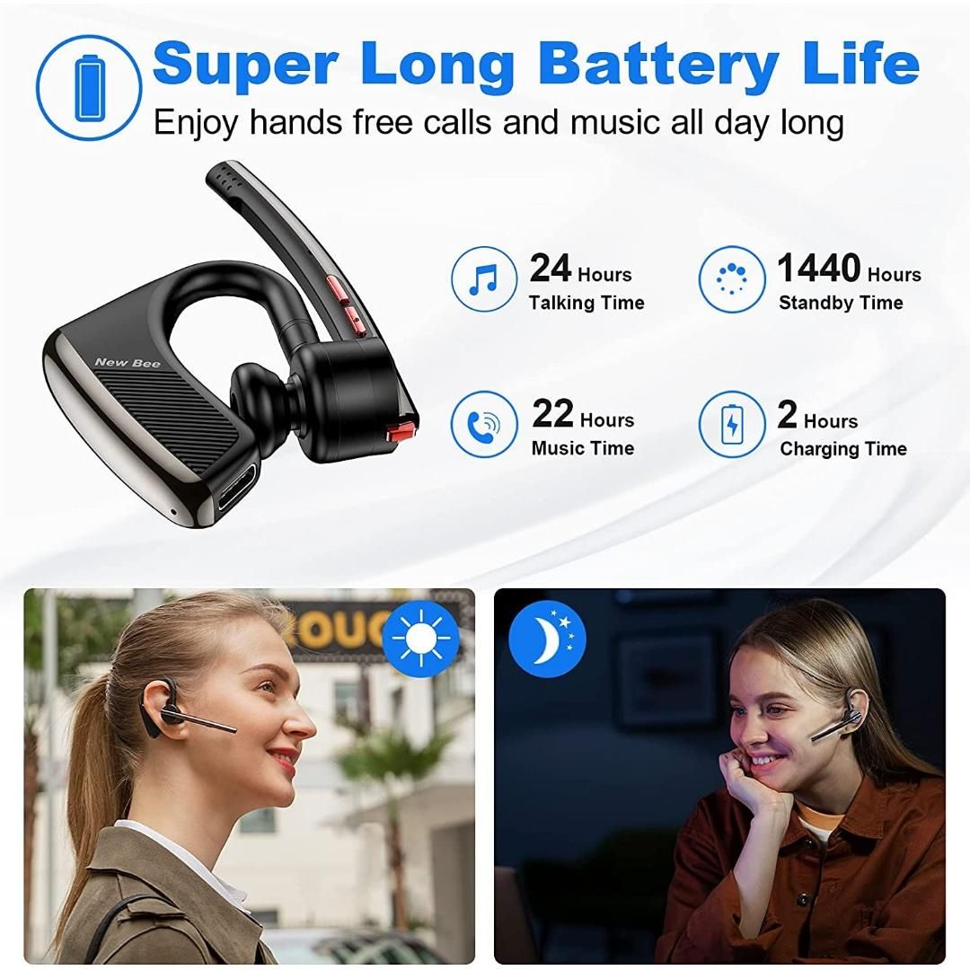 New Bee Bluetooth Headset W/Mic Wireless Earpiece in-Ear Business Earbuds  for iOS Android Cellphone