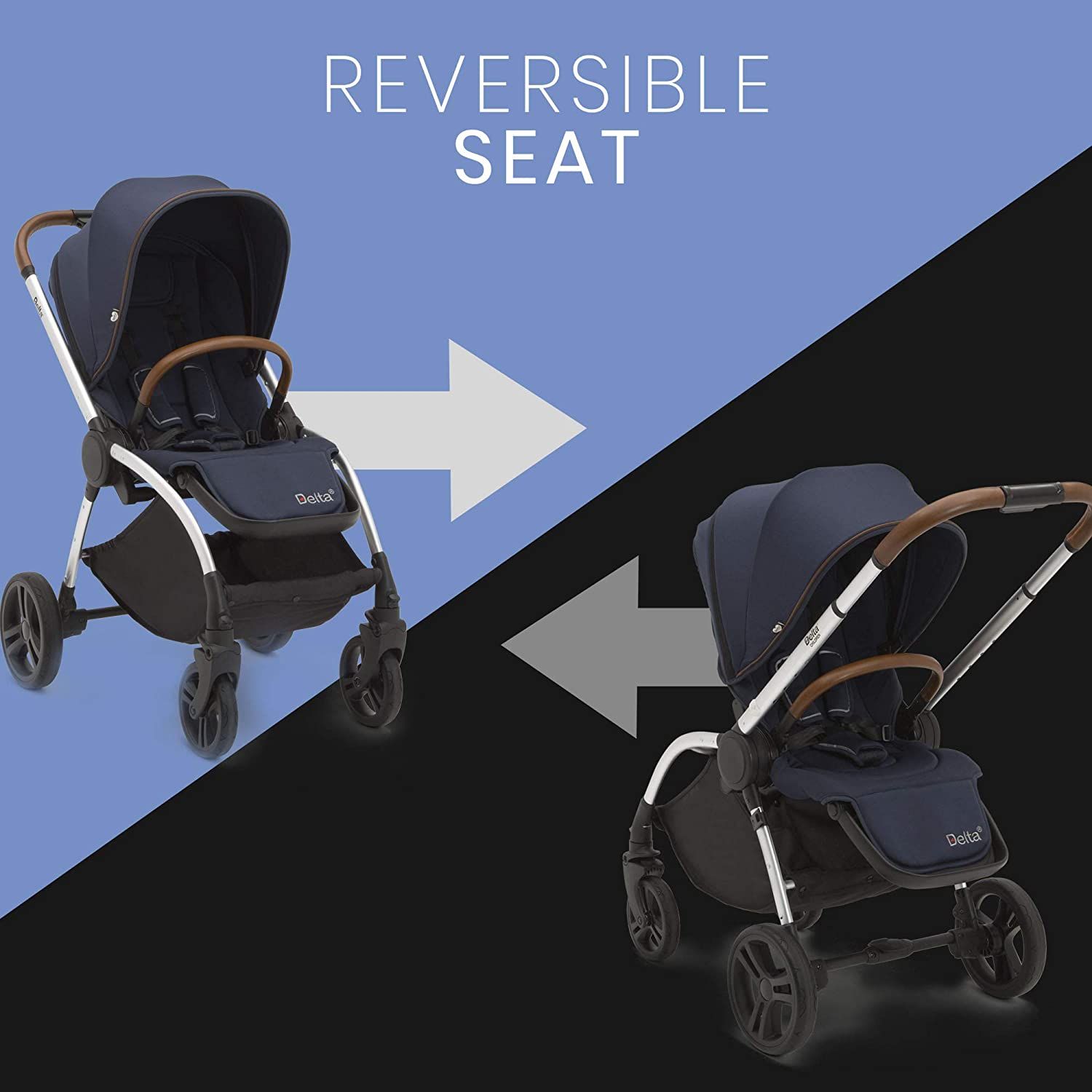 instock Delta Children Revolve Reversible Stroller Navy