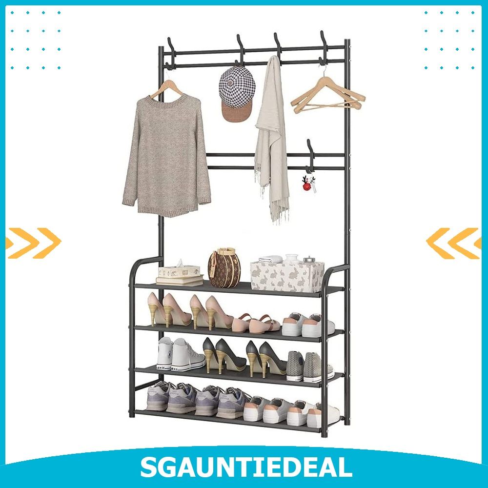 Free standing coat rack with shoe storage outlet