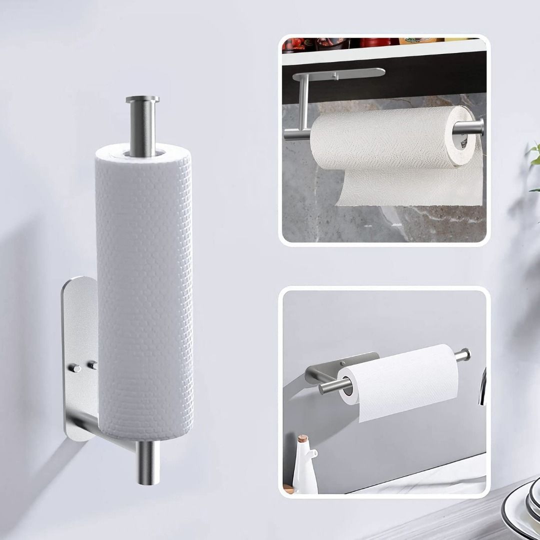 2pcs 13.2 Inch (33.5cm) Adhesive Silver Stainless Steel Paper Towel Holder,  For Kitchen/bathroom/under Cabinet/inside Cabinet Door, Punch-free