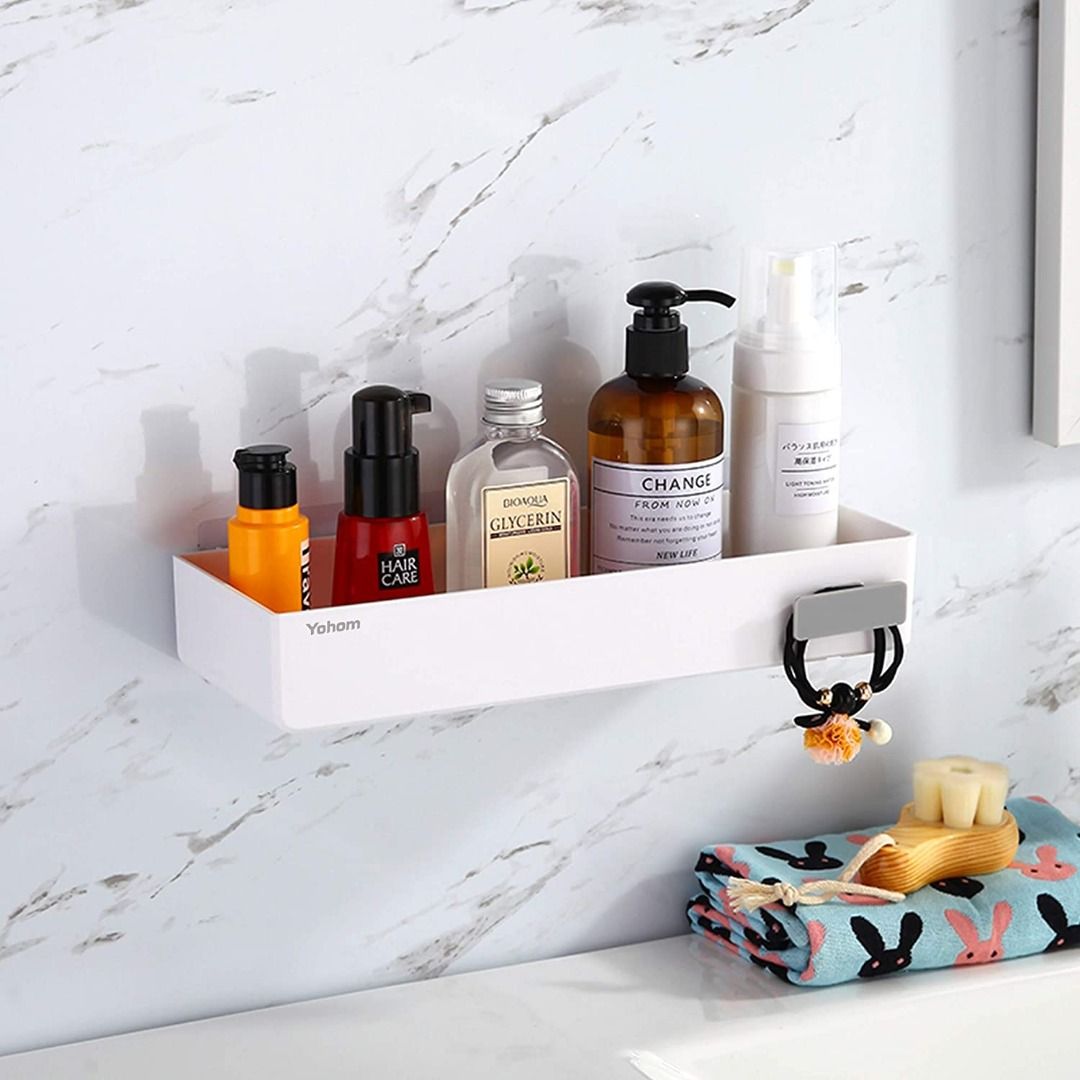 YOHOM White Adhesive Bathroom Caddy Organizer for Tile Wall Mounted Stick on Shower Caddy Floating Shelf Plastic Shampoo Holder with Hook