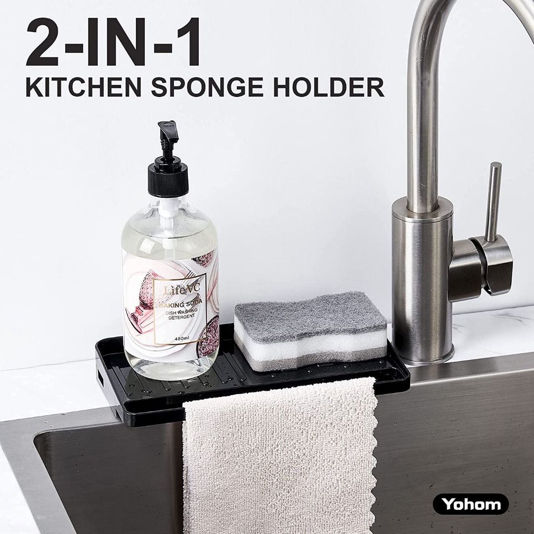 instock YOHOM Kitchen Sink Sponge Holder with Suction Cup Black Scrubber Sponge Tray Organizer for Countertop 2 in 1 in Sink Dish Rag Holder Furniture Home Living Bathroom Kitchen Fixtures on Carousel...