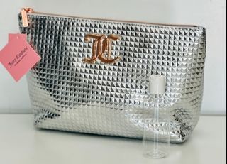 JUICY COUTURE SILVER / ROSE GOLD TRAVEL MAKEUP POUCH COSMETICS ORGANIZER BAG W/ BOTTLE