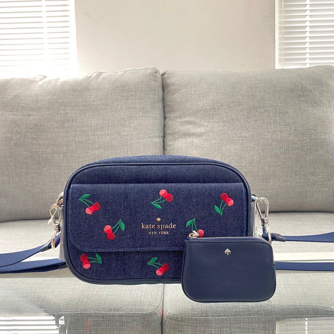 Kate Spade Rosie Cherry Embroidered Denim Crossbody Bag Blue Multi