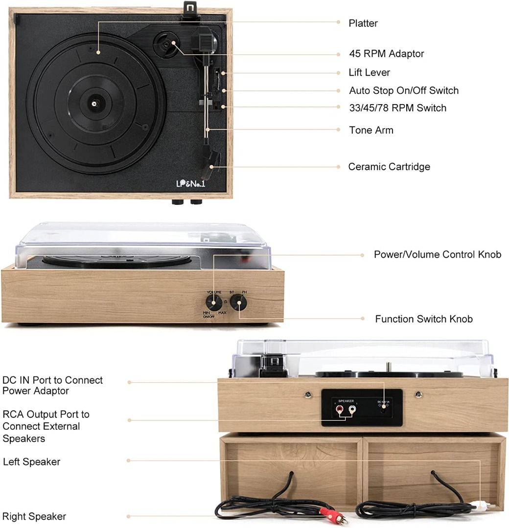 LP&No.1 Bluetooth Turntable Hi-fi System with Bookshelf Speakers, 3 ...
