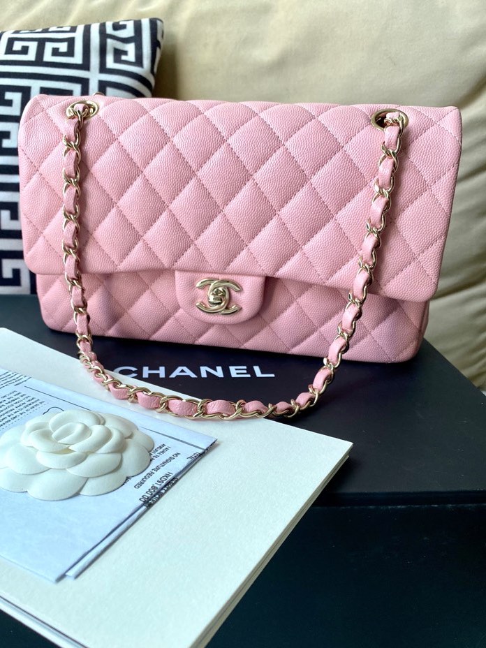 New Chanel 22C Medium Classic Flap Pink Caviar Leather light gold
