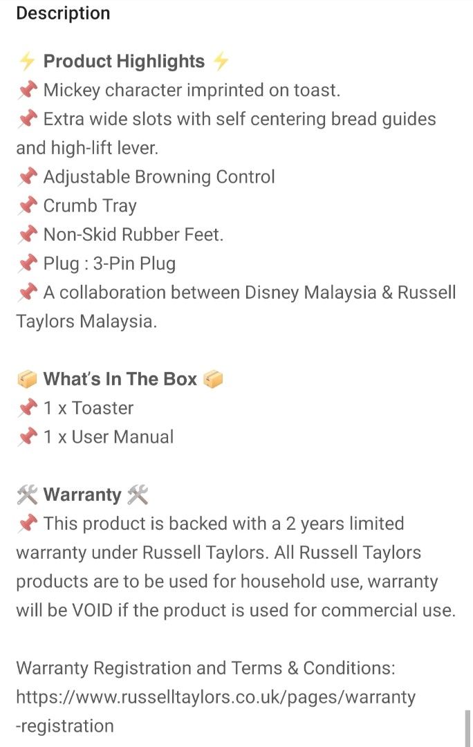 Russell Taylors Bread Toaster Mickey Mouse, TV & Home Appliances