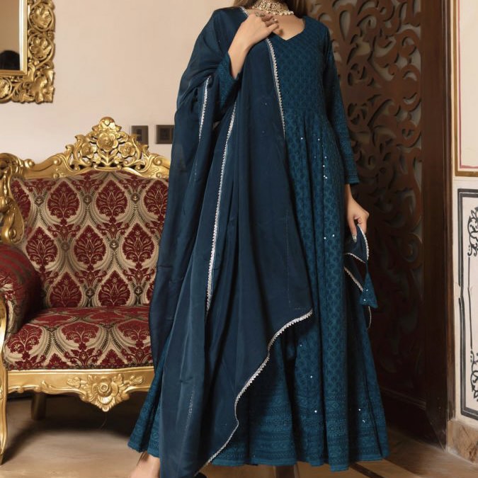 Sea View Chikankari Anarkali Suit Set, Women's Fashion, Dresses u0026 Sets,  Traditional u0026 Ethnic wear on Carousell