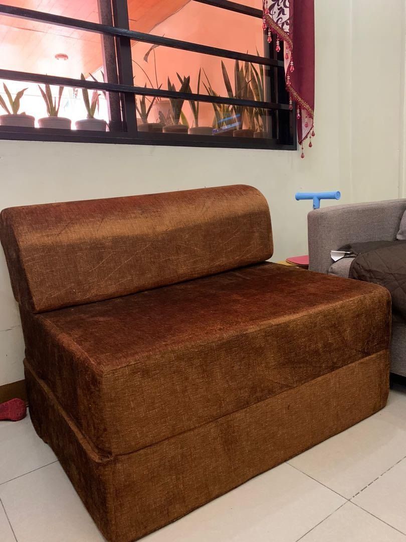 Single Size Foldable Sofa Bed with Plain Brown Fabric Cover (Category: Bed Frames & Mattresses) located in Manila. Submitted by jemcantos26 (Listing ID 1216937538, Image 3). Description: .
