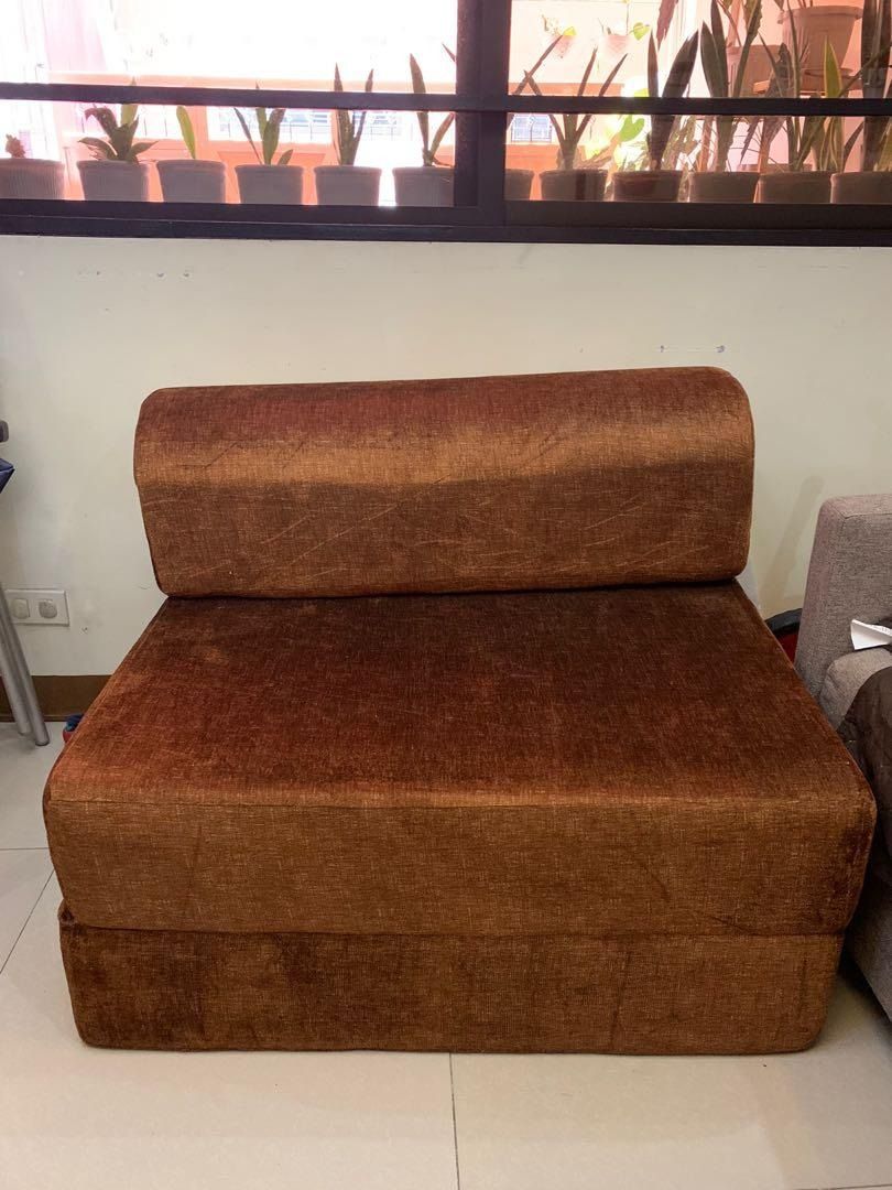 Single Size Foldable Sofa Bed with Plain Brown Fabric Cover (Category: Bed Frames & Mattresses) located in Manila. Submitted by jemcantos26 (Listing ID 1216937538, Image 2). Description: .