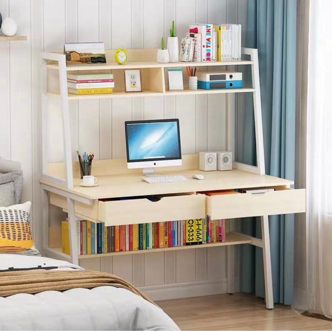 HNEBC LED Study Desk with Hutch and Drawer, Home Office Desk with Outlet,  Computer Desk with Charging Station, Writing Desk for Bedroom, Workstation  for Small Space 