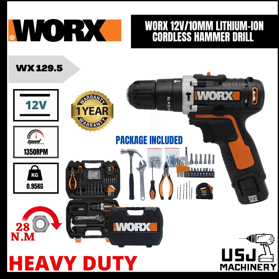 WORX 12V 2.0Ah Cordless 10mm Hammer Drill WX129.5 With Toolbox 59 Piece Set Multifunctional Tools Furniture Home Living Home Improvement Organisation Home Improvement Tools Accessories on Carousell