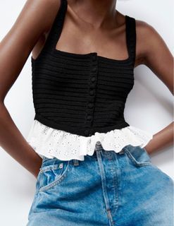 Zara contrast knit eyelet ruffle detail top