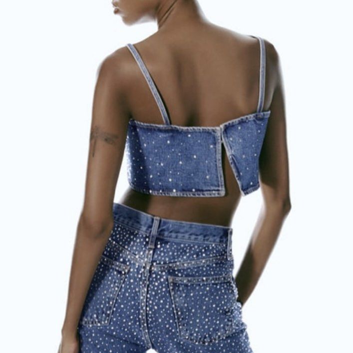 Zara Rhinestone Denim Crop Top, Women's Fashion, Tops, Sleeveless