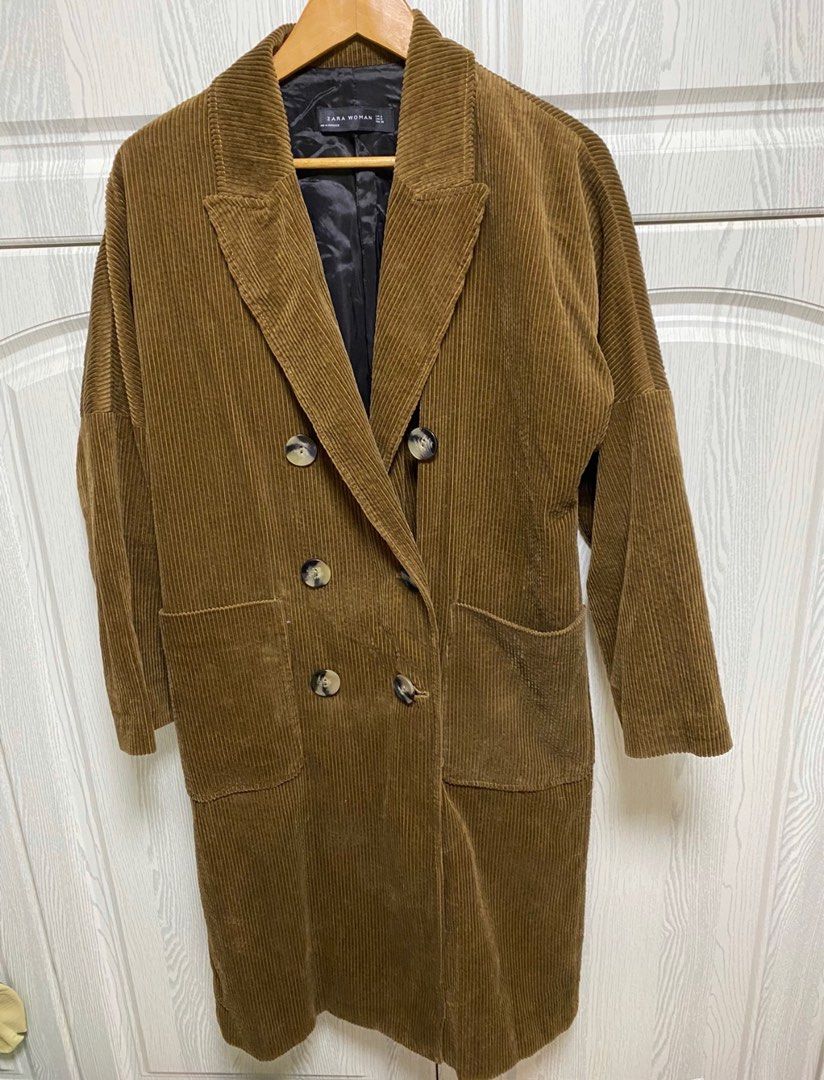 ZARA Woman Korean Vintage Style Oversized Brown Suede Corduroy Long Coat for Autumn Winter