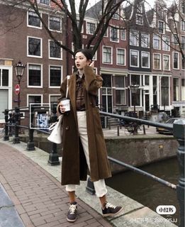 ZARA Woman Korean Vintage Style Oversized Brown Suede Corduroy Long Coat for Autumn/Winter