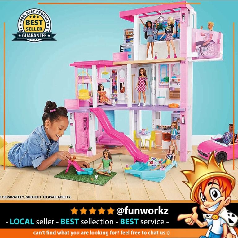 2021 Barbie Dreamhouse 3.75 ft 3 Story Dollhouse Playset with Pool Slide Party Room Elevator Puppy Play Area Customizable Lights Sounds 75 Pieces Gift for 3 to 7 Year Olds Hobbies