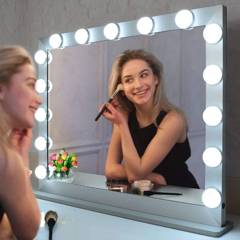 BEAUTME Big Vanity Mirror With Lights,Hollywood Lighted Makeup Mirror with  Lights,Dressing Table Mirror or Wall Mounted Mirror with 15pcs Led Lights  Beauty Mirror(70/55.2cm Silver) (70*55.2cm, silver), Furniture  Home  Living, Home Decor,