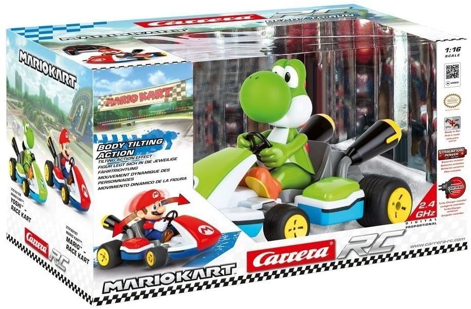 Carrera RC Official Licensed Mario Kart Yoshi Race Kart 1:16 Scale  GHz  Splash Proof Remote Control Car Vehicle with Sound and Body Tilting Action  - Rechargeable Battery - Kid Toys, Hobbies