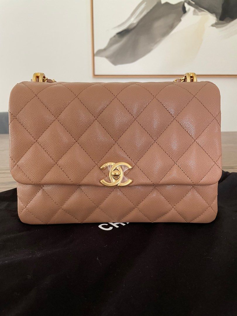 Chanel 22k Coco First Small Flap Bag in Beige Caviar Leather