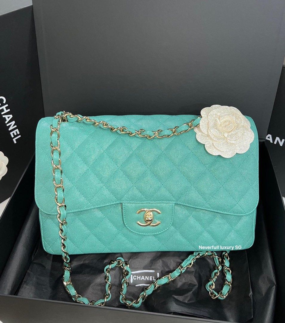 Chanel Classic Jumbo Double Flap 19S Tiffany Green Iridescent Caviar Ghw Bag,  Luxury, Bags & Wallets on Carousell