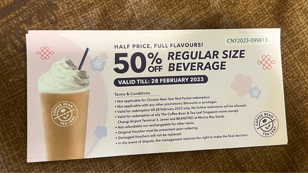 Coffee bean & tea leaves Voucher, Tickets & Vouchers, Vouchers on Carousell