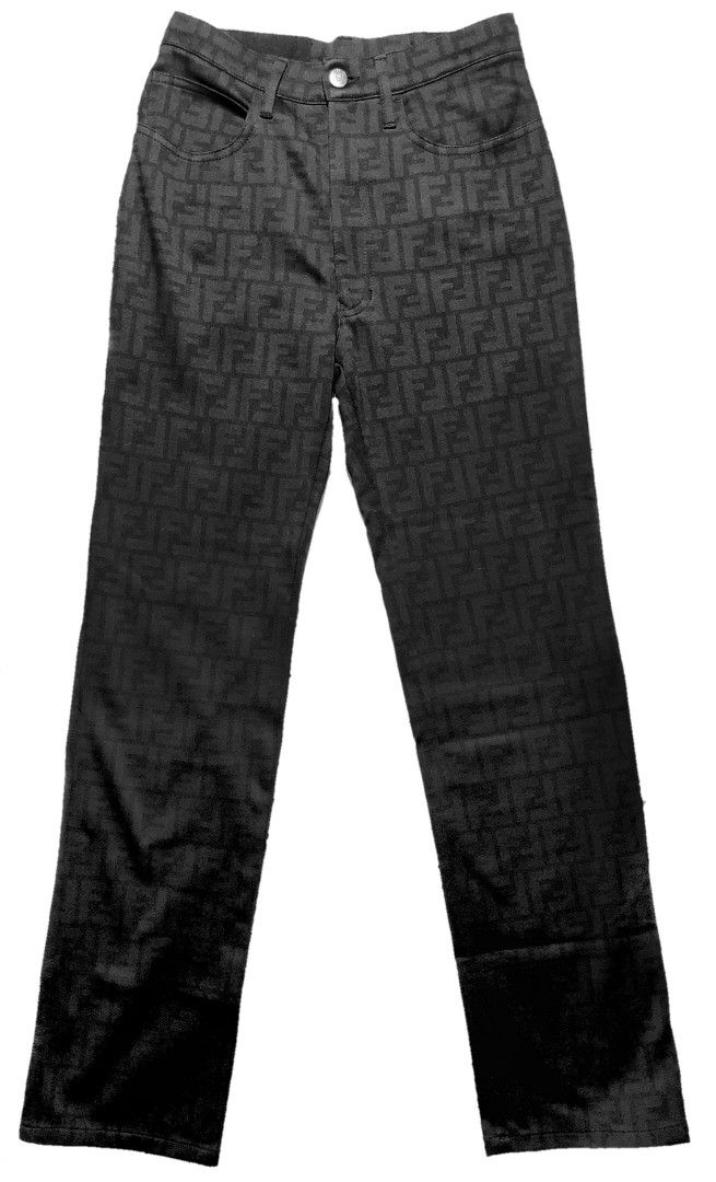 FENDI Vintage Monogram Zucca Jeans Pants (Category: Luxury Apparel) located in Manila. Submitted by abthree (Listing ID 1217189810, Image 2). Description: Features an all-over monogram print in black. High-waisted. Kind of stretchy material like elastane but not sure since the care tag is removed. Button and zipper closure. Silver metal hardwares and a gold YKK zipper closure. Brand tag is removed but has the label on the waistband at the back an