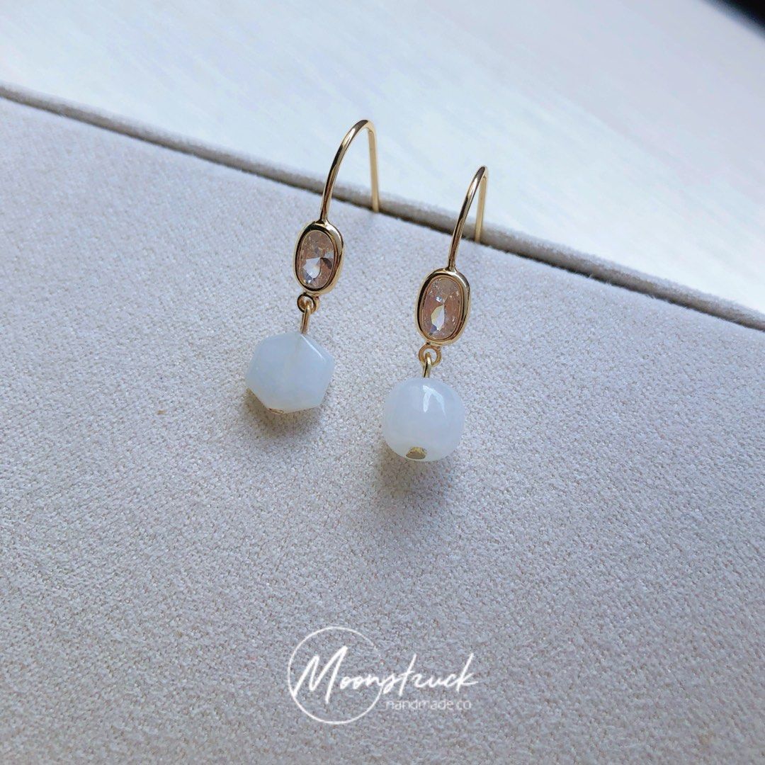 HANDMADE Dainty Cubic 14K Gold Earrings with Snowy White Jade