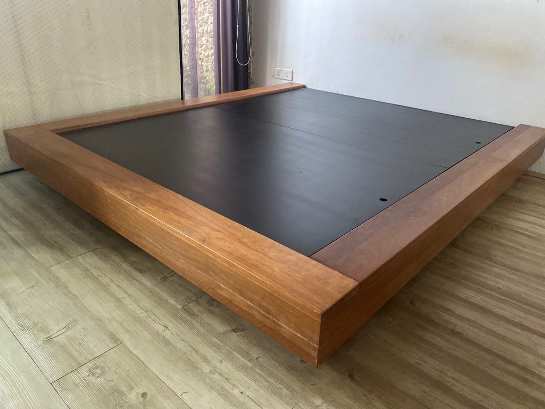 Japanese style floating bed frame in solid wood, Furniture & Home