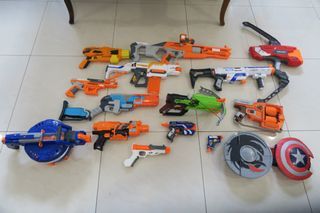 Nerf Guns (14) with Bullets and Two Shields