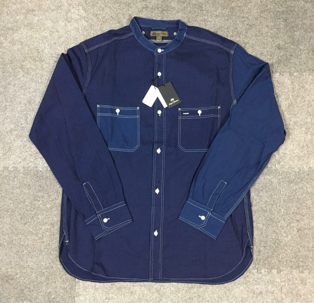 NIGEL CABOURN STAND COLLAR MIX PATCHWORK INDIGO GARMENT DYED DARK