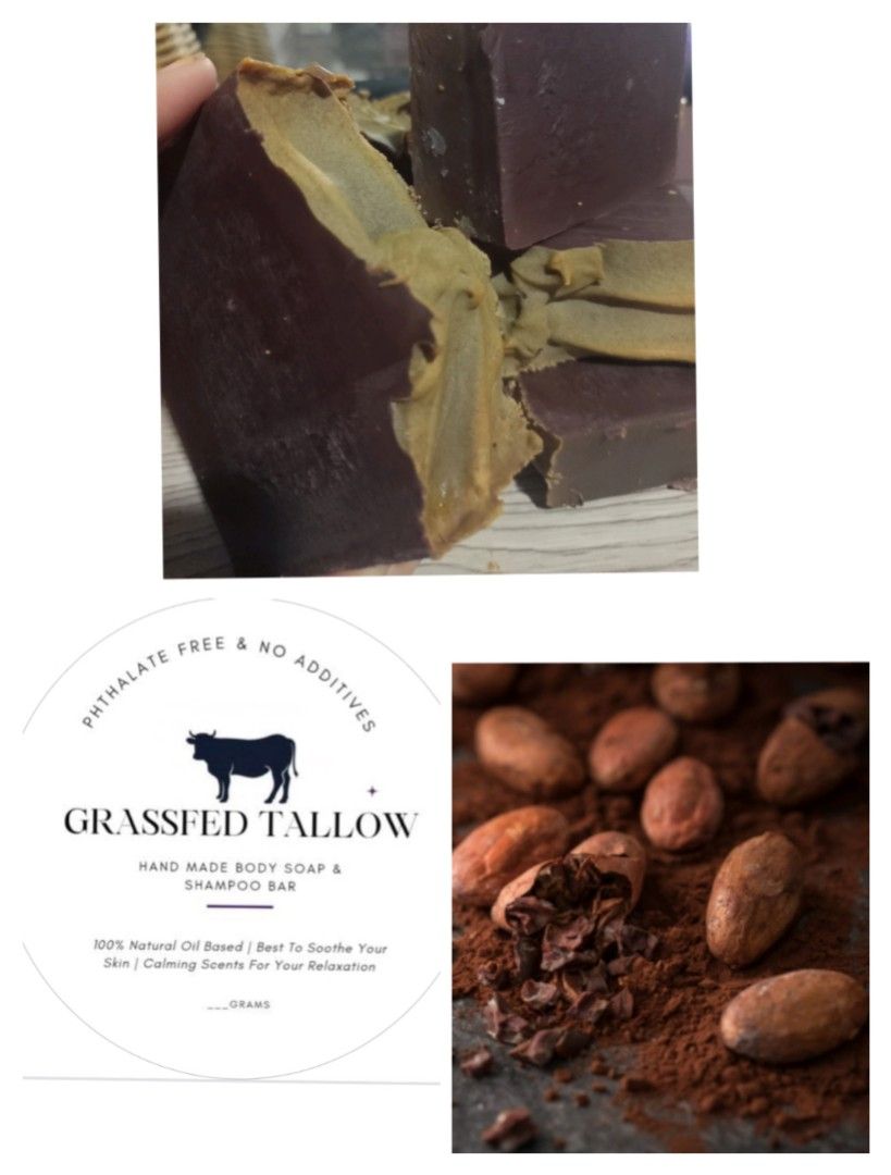 Organic Pure Tallow & Cacao Chocolate Soap (Category: Bath) located in Leyte. Submitted by TindaLeyteno (Listing ID 1169961402, Image 1). Description: This Tallow soap is handcrafted with all organic ingredients. Grassfed (Organic) Tallow Oil, Coldpress VCO (Organic), Coldpress VOO (Organic) and essential oils from plants. Can be use for Kids. You can use for Hand & Body Here are some of the benefits of 100% grass fed tallow: Is deeply nourishing