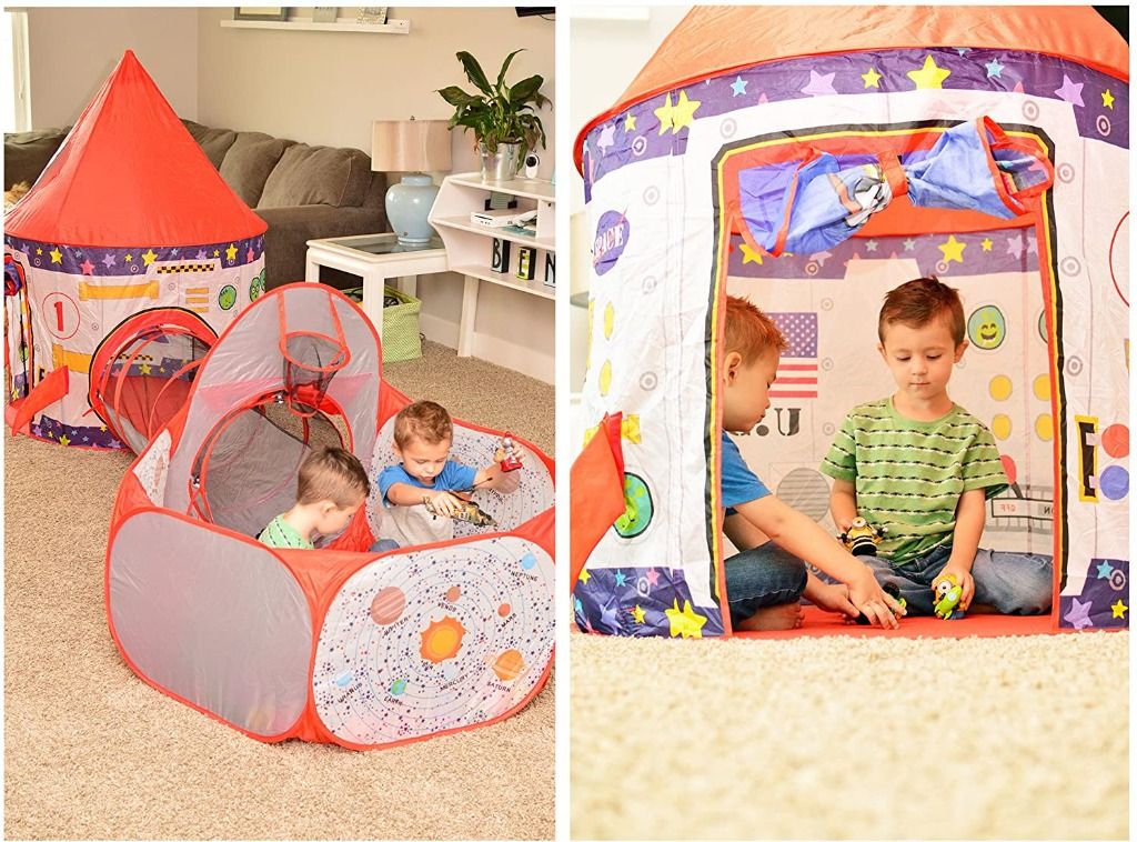 Playz 3pc Rocket Ship Astronaut Kids Play Tent Tunnel Ball Pit