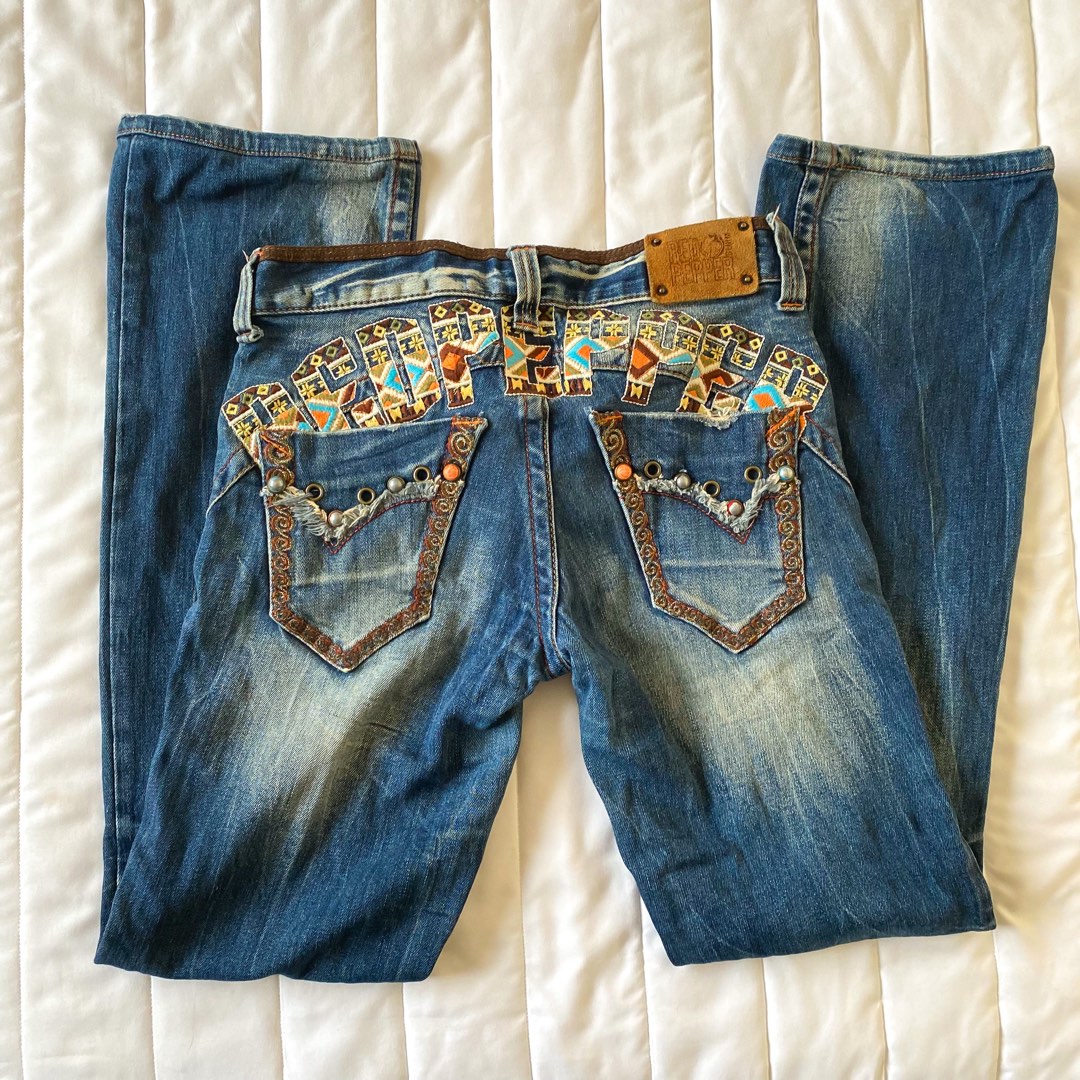 Red pepper denim flared lowrise lowaisted pants jeans, Women's Fashion