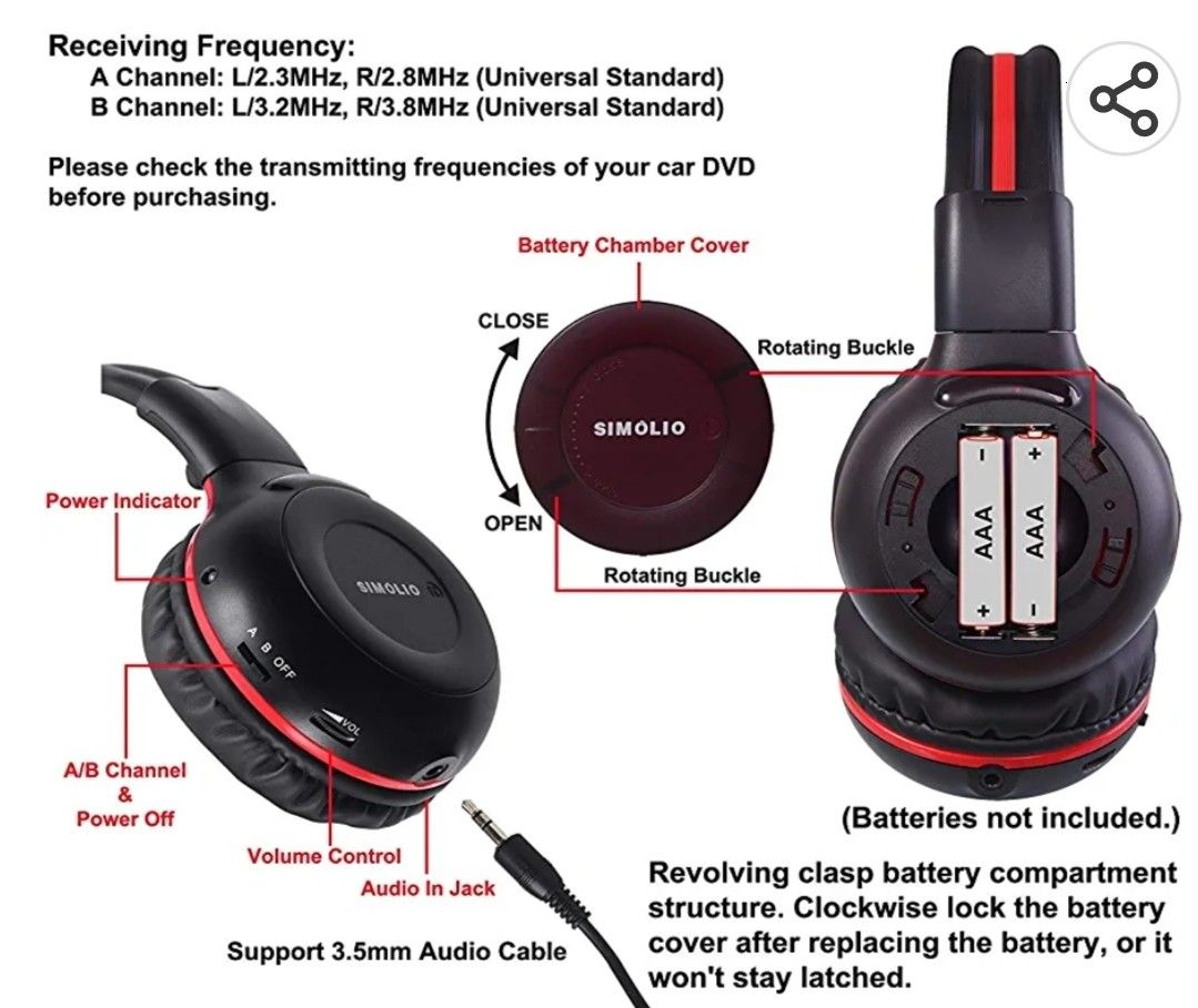SIMOLIO 2 Pack of Wireless Car Headphones, 2 Channel IR Wireless