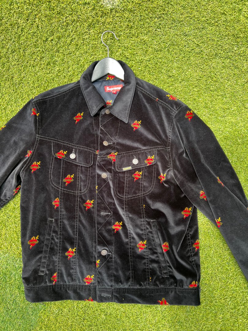 Supreme Velvet Black Sacred Hearts Trucker Jacket, Men's Fashion