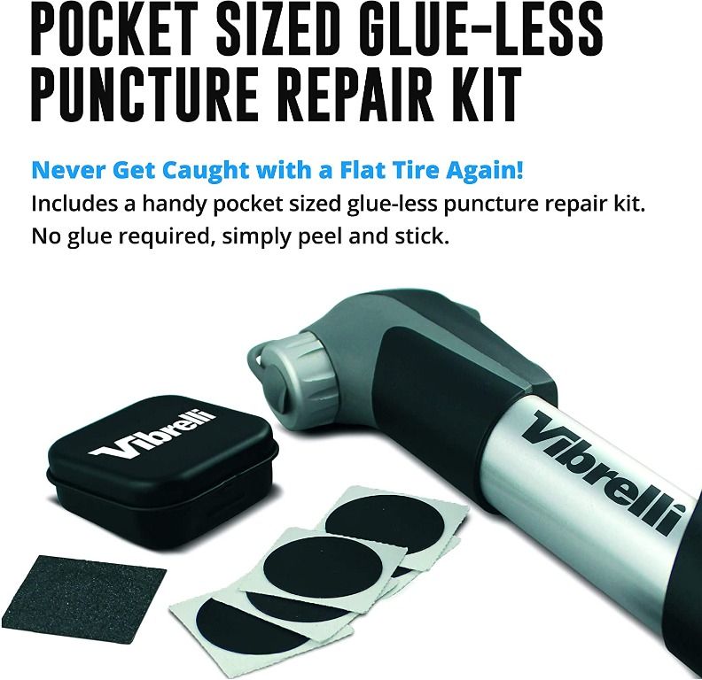 Vibrelli Mini Bike Pump Glueless Puncture Repair Kit Fits