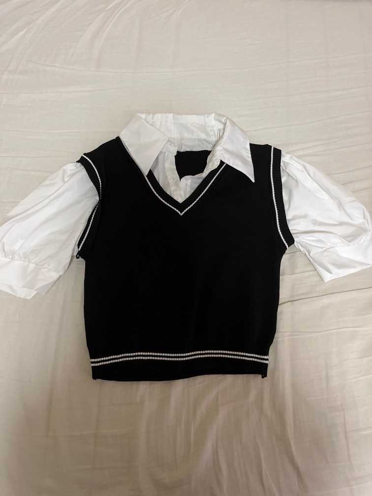 Black Vest White Collared Top