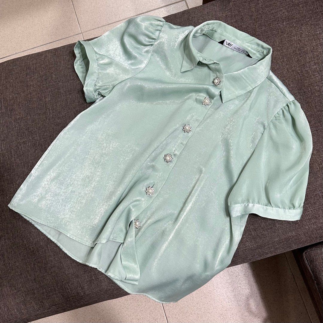 Zara satin shirt light green, Women's Fashion, Tops, Blouses on Carousell