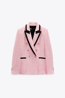 ZARA Pink Tweed Blazer with contrast piping
