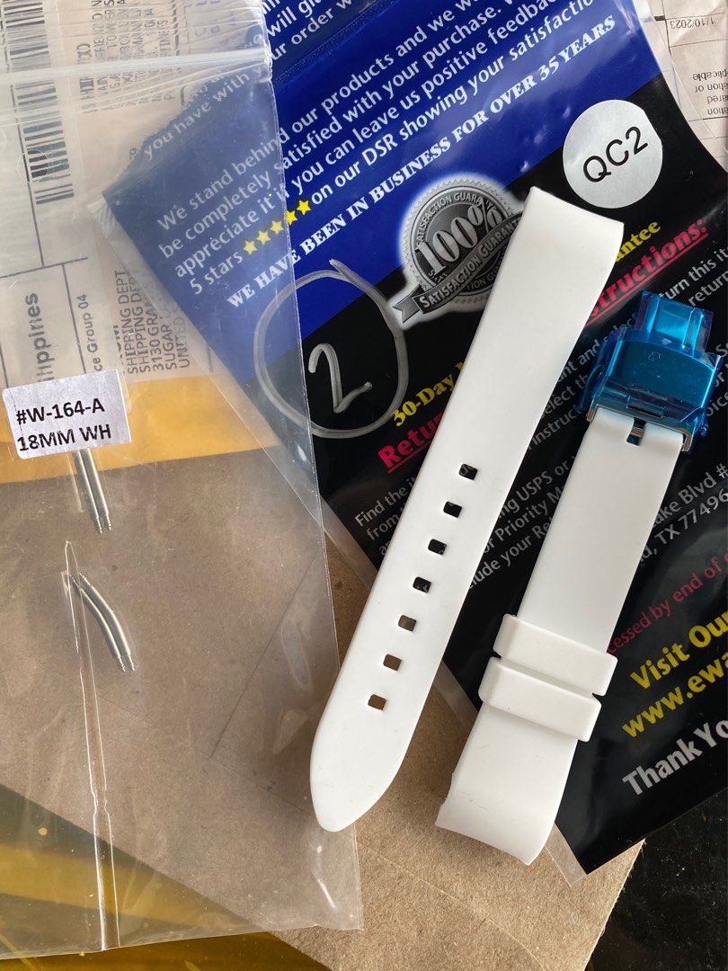 18mm curved rubber strap with deployant for Rolex, Omega etc. (Category: Luxury Watches) located in Manila. Submitted by greg.david (Listing ID 1217305569, Image 1). Description: For sale is an 18mm curved end white rubber strap with deployant. Item is brand new and never been worn. Bought the strap from ewatchparts - which is a premium shop for all afternarket watch related stuff in TX US. Was suppose to use it for my Omega but sold the watch be
