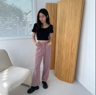 可愛活潑💕灰藕粉色直筒牛仔褲