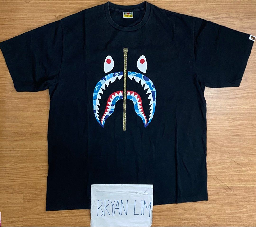 Bape Shark ABC Blue Camo Lips Golden Zip Tee Shirt by A Bathing Ape Shark ABC Blue Camo Golden Zip Black Tshirt