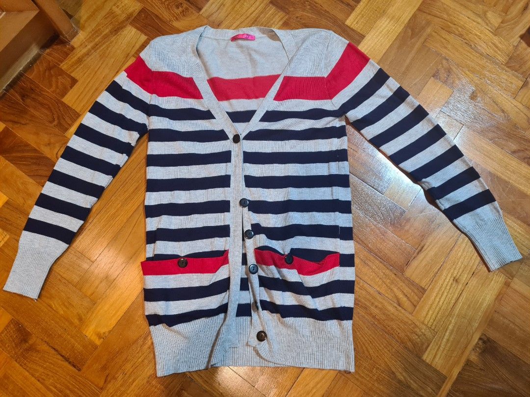 Red and blue cardigan top