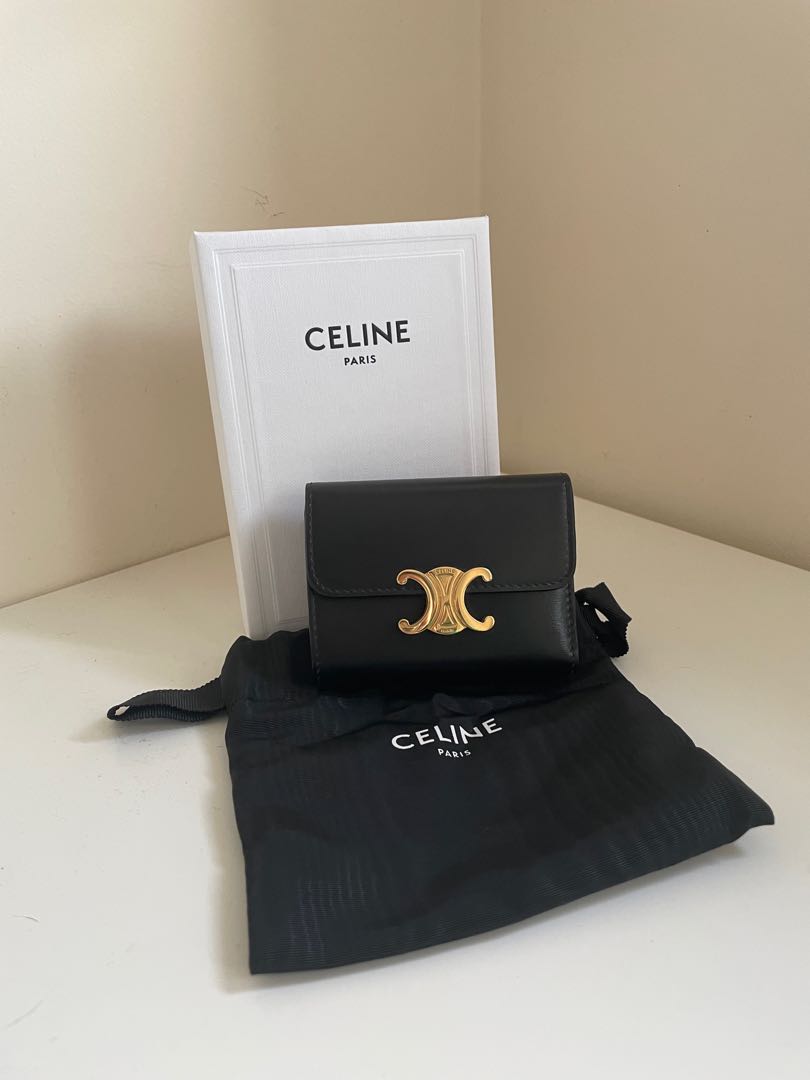 CELINE COMPACT WALLET TRIOMPHE IN SHINY CALFSKIN BLACK, Luxury, Bags