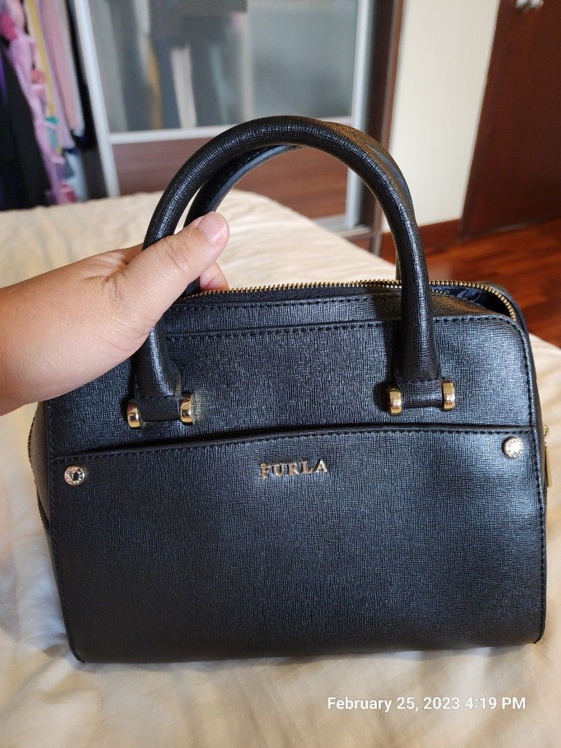 Furla Saffriano Onyx Black Leather Margot Satchel With Shoulder Strap Tote Bag