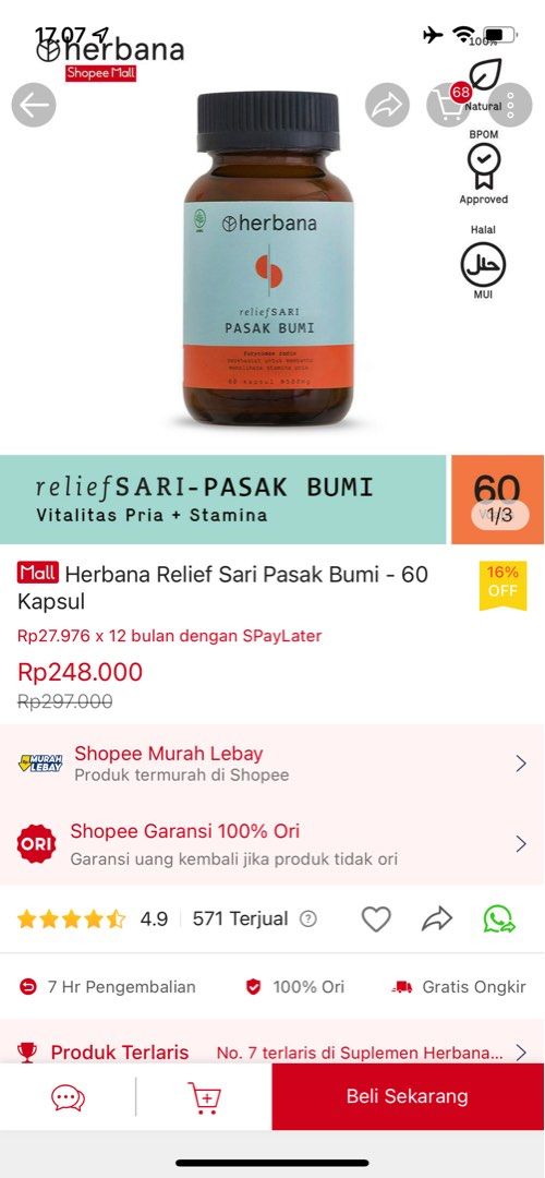Herbana Relief Sari Pasak Bumi 60 Kapsul, Kesehatan & Kecantikan